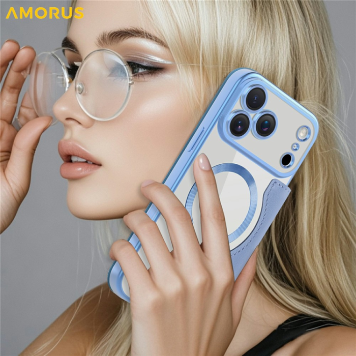 Amorus - AMORUS iPhone 17 Pro Max Plånboksfodral MagSafe RFID - Blå