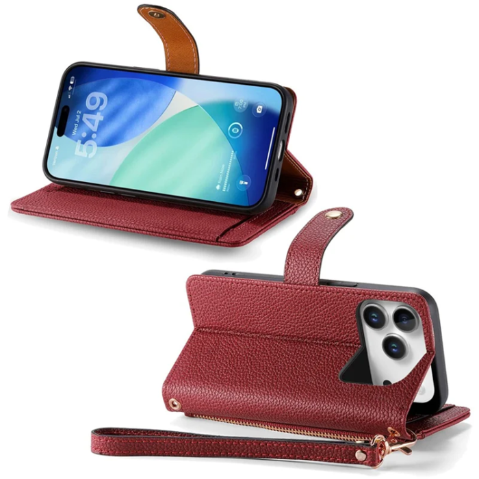 A-One Brand - iPhone 17 Pro Max Plånboksfodral RFID Zipper med rem - Röd