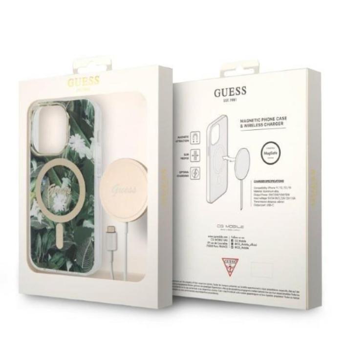Guess - GUESS iPhone 14 Pro Magsafe Skal Jungle + Trådlös Laddare - Grön