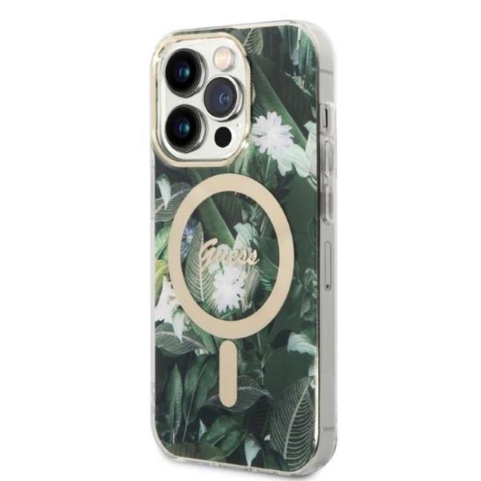 Guess - GUESS iPhone 14 Pro Magsafe Skal Jungle + Trådlös Laddare - Grön