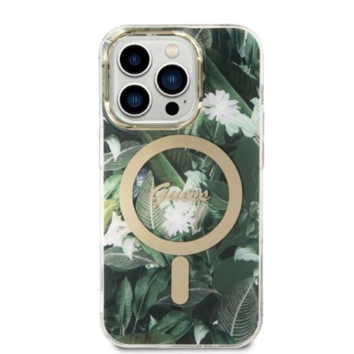 Guess - GUESS iPhone 14 Pro Magsafe Skal Jungle + Trådlös Laddare - Grön