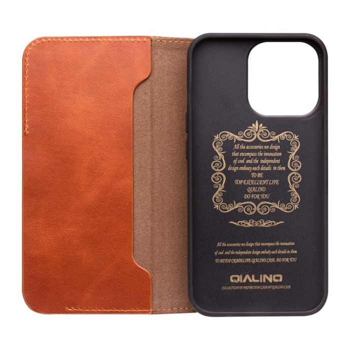 QIALINO - QIALINO iPhone 13 Pro Plånboksfodral Äka Läder Flip Folio
