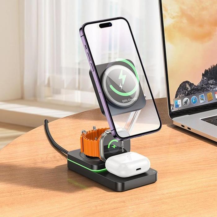 Hoco - Hoco 3-in-1 Trådlös Laddare Magsafe 15W iPhone, Apple Watch, AirPods - Svart