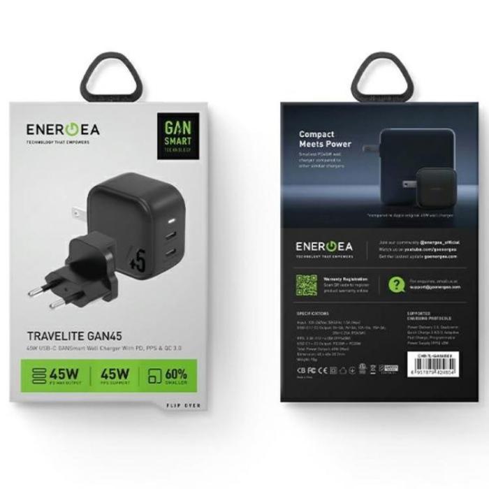 ENERGEA - Energea Snabbladdare 45W 2xUSB-C PD-PPS GaN45 US/EU Travelite