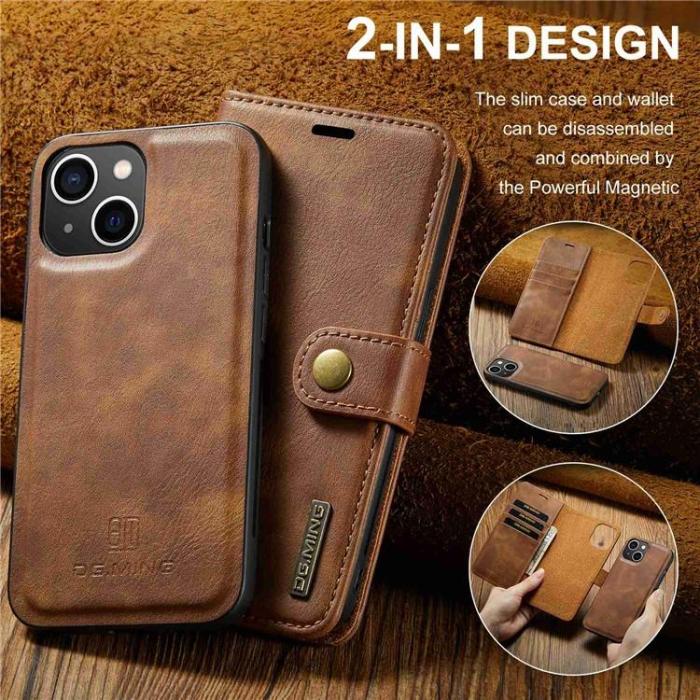 DG.MING - DG.MING iPhone 15 Plus Plånboksfodral Äkta Läder 2in1 - Brun
