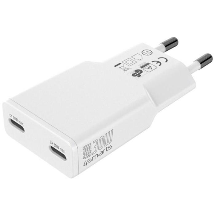 4smarts - 4smarts Snabbladdare 30W 2xUSB-C GaN FlatPlug Slim - Vit