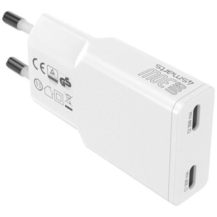 4smarts - 4smarts Snabbladdare 30W 2xUSB-C GaN FlatPlug Slim - Vit