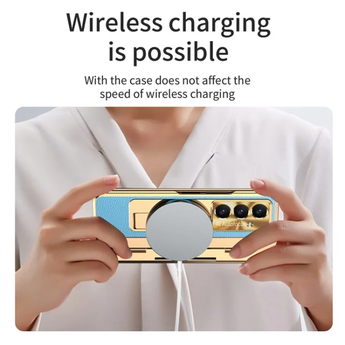 A-One Brand - Galaxy Z Fold7 5G Mobilskal läder + PC Kickstand - Guld+Blå