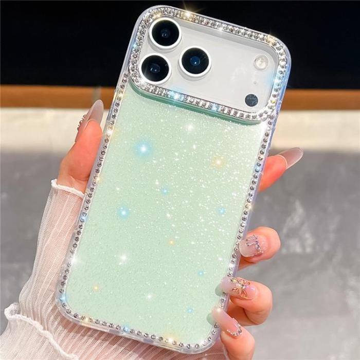 A-One Brand - iPhone 17 Pro Max Mobilskal Rhinestone Edge - Glitter Ljusgrön
