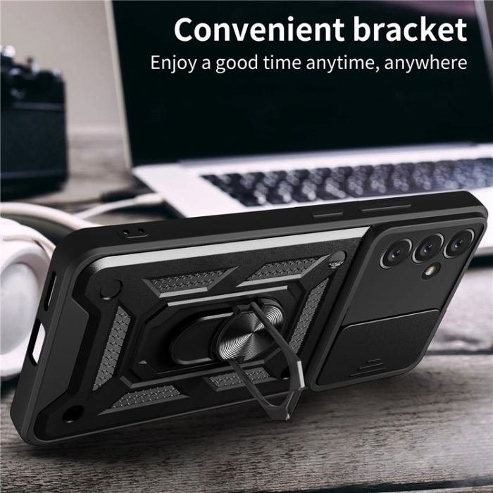 A-One Brand - Galaxy A14 5G/4G Mobilskal Ringhållare Kickstand Slide Kamera - Svart