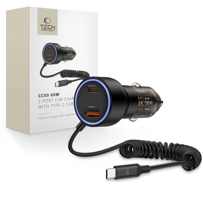 Tech-Protect - Tech Protect Billaddare USB-C Till USB-A 60W Med USB-C Kabel - Svart