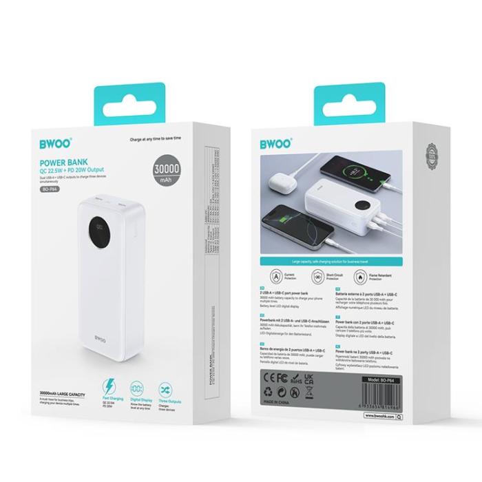 BWOO - BWOO Powerbank 30000mAh 22.5W med LCD-skärm - Vit