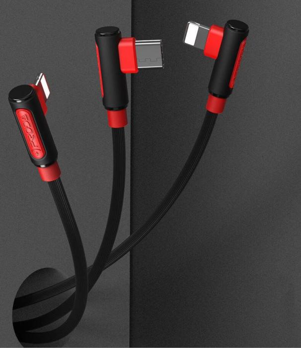 UTGATT1 - Proda Sparta USB 2x lightning/USB-C elbow Kabel 5A 1m Svart