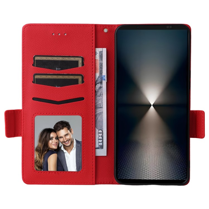 A-One Brand - Sony Xperia 1 VII Plånboksfodral Litchi Texture Med Rem - Röd