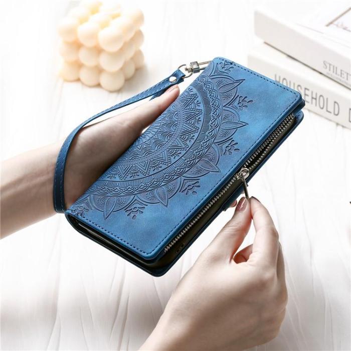 OEM - iPhone 15 Plus Plånboksfodral Mandala Flower Imprinted - Blå