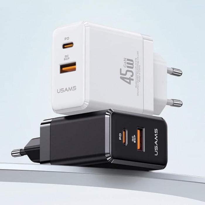 USAMS - USAMS Väggladdare 1xUSB-C+1xUSB 45W GaN PD3.0 + QC3.0 CC178TC02 – Vit