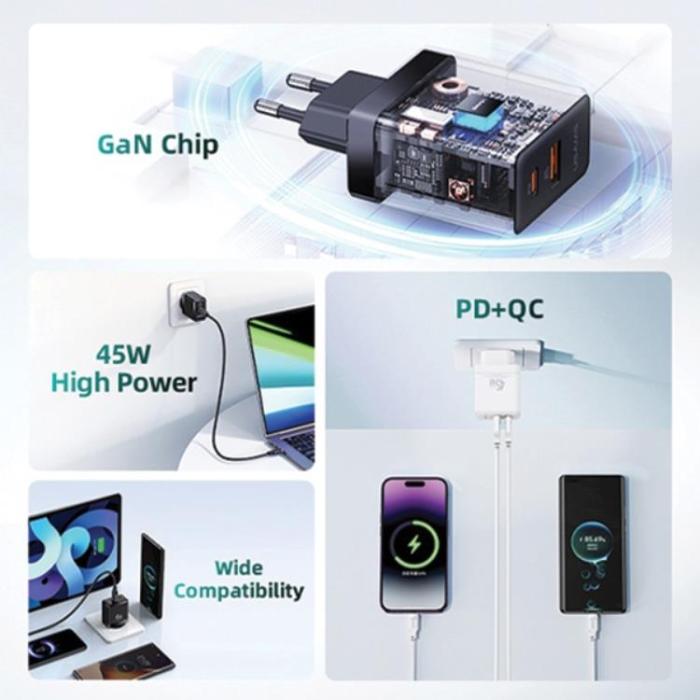 USAMS - USAMS Väggladdare 1xUSB-C+1xUSB 45W GaN PD3.0 + QC3.0 CC178TC02 – Vit