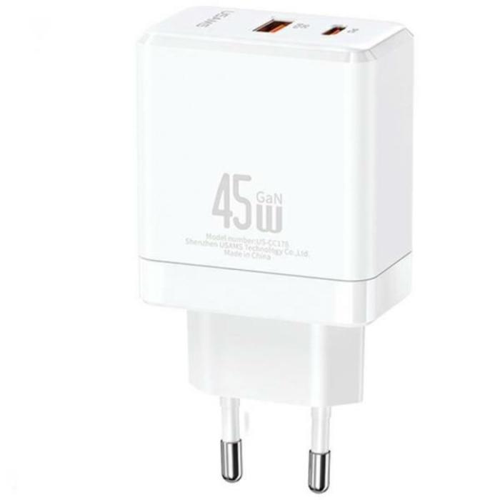 USAMS - USAMS Väggladdare 1xUSB-C+1xUSB 45W GaN PD3.0 + QC3.0 CC178TC02 – Vit