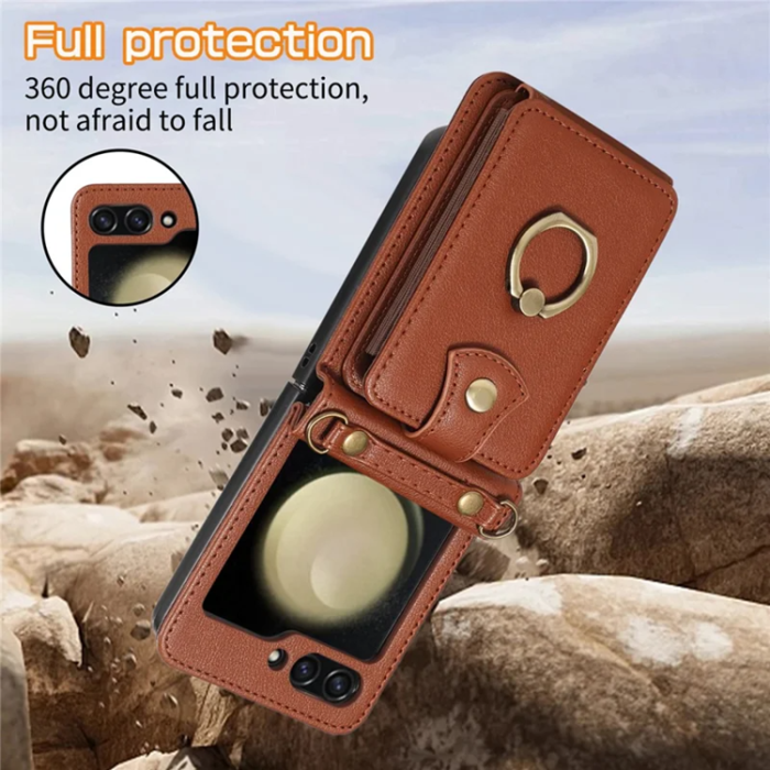 A-One Brand - Galaxy Z Flip7 Plånboksfodral Ring Kickstand med Lång rem - Brun