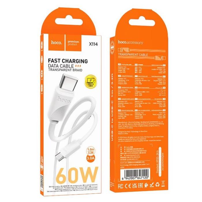Hoco - Hoco USB-C - USB-C 60W 3A Kabel 1m X114 - Vit