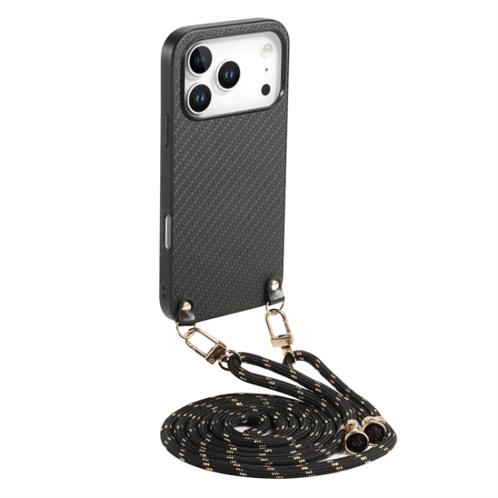 A-One Brand - iPhone 17 Pro Mobilskal Med Axelrem Snodd Carbon Fiber - Svart