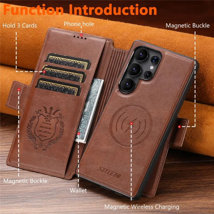 SUTENI - SUTENI Galaxy S23 Ultra Plånboksfodral Magsafe Cowhide - Brun