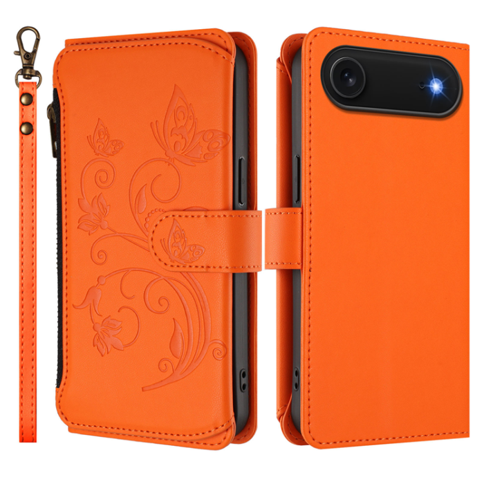 A-One Brand - iPhone 17 Air Plånboksfodral Butterfly Floral Imprint - Orange