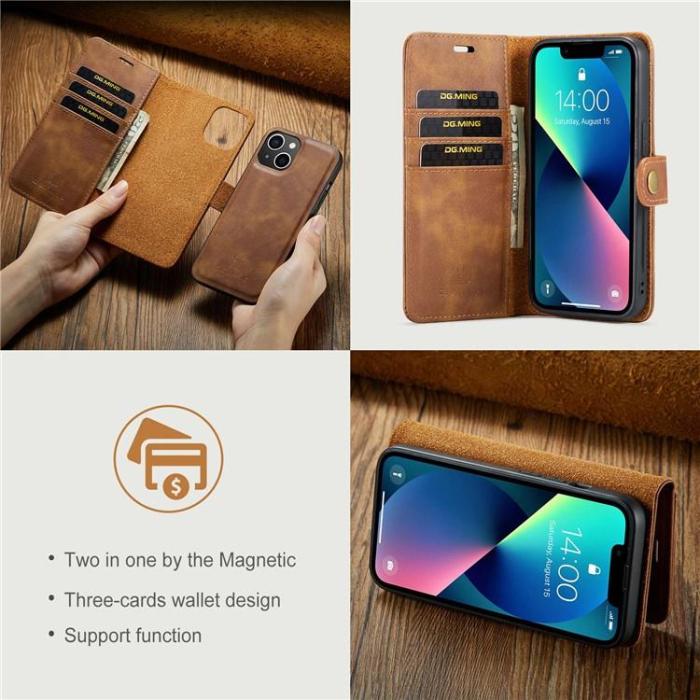 DG.MING - DG.MING iPhone 15 Plus Plånboksfodral Äkta Läder 2in1 - Brun