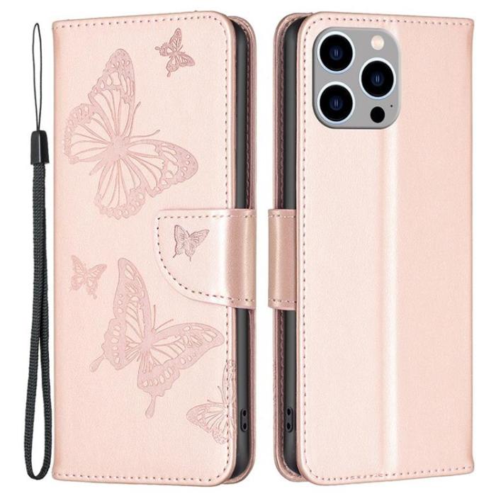 OEM - iPhone 14 Pro Max Plånboksfodral Butterflies Imprinted - Rosa Guld