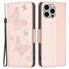 OEM - iPhone 14 Pro Pl&aring;nboksfodral Butterflies Imprinted - Rosa Guld