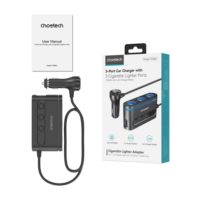 Choetech - Chotech Billaddare 2x USB-C/2x USB-A Cigarettändaruttag 3x - Svart