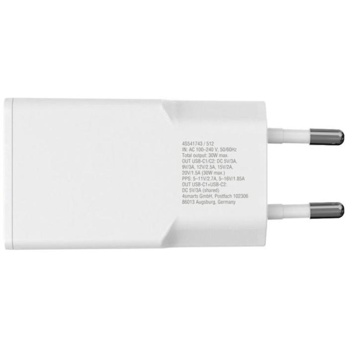 4smarts - 4smarts Snabbladdare 30W 2xUSB-C GaN FlatPlug Slim - Vit