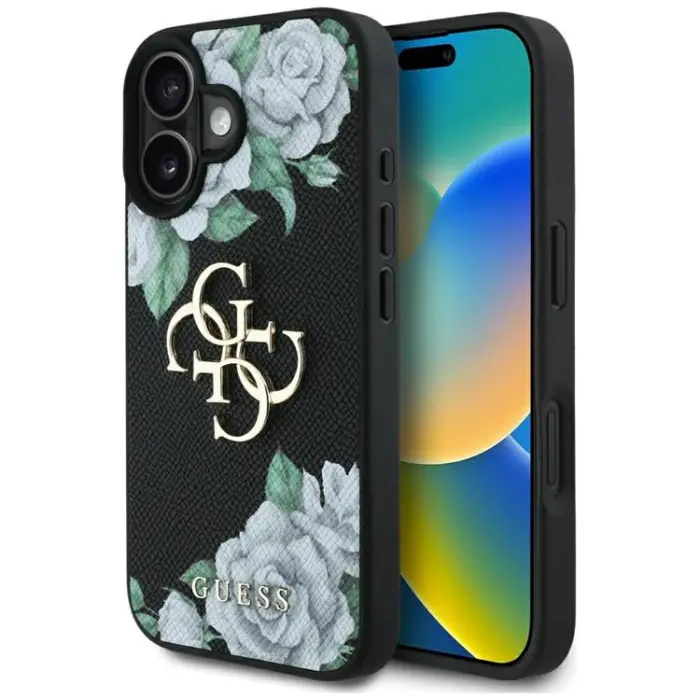 Guess iPhone 16 mobilskal grained roses big 4G logo svart designerfodral