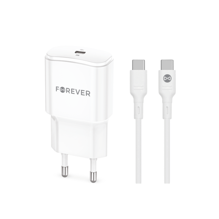 Forever - Forever Väggladdare USB-C 20W med USB-C/USB-C Kabel PD QC Vit