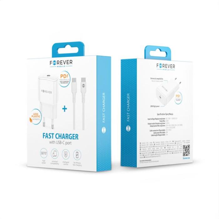 Forever - Forever Väggladdare USB-C 20W med USB-C/USB-C Kabel PD QC Vit