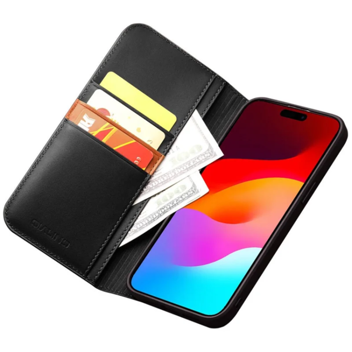 QIALINO - Qialino iPhone 15 Pro Plånboksfodral Äkta läder - Svart