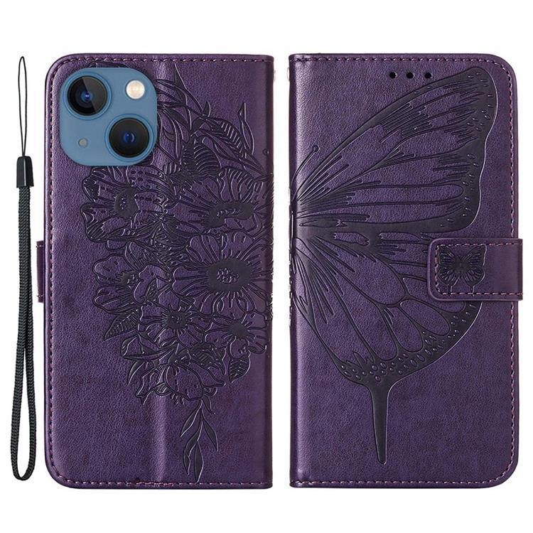 iPhone 14 Plus Plånboksfodral Butterfly Flower Imprinted - Lila | 2353 | AlltMobil