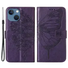 OEM - iPhone 14 Plus Pl&aring;nboksfodral Butterfly Flower Imprinted - Lila