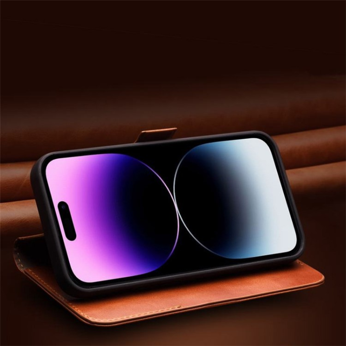 QIALINO - QIALINO iPhone 14 Pro Plånboksfodral Äkta Läder Flip Folio - Brun