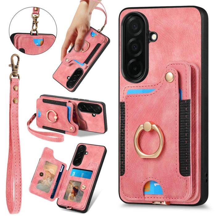 OEM - Mobilfodral för Samsung Galaxy S26 Konstläder RFID + Ringhållare - Rosa