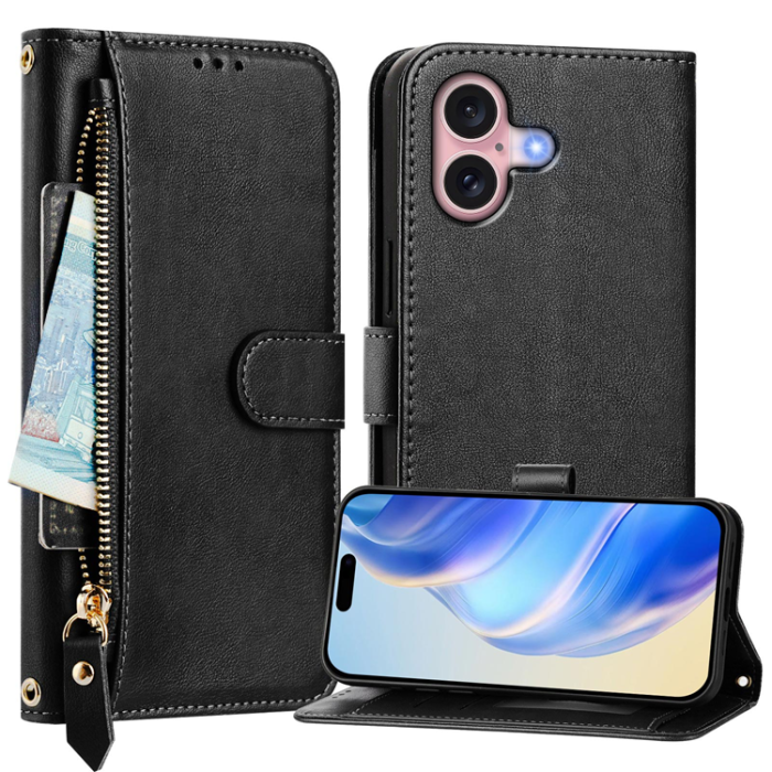 A-One Brand - iPhone 16 Plånboksfodral Zipper Pocket Läder - Svart
