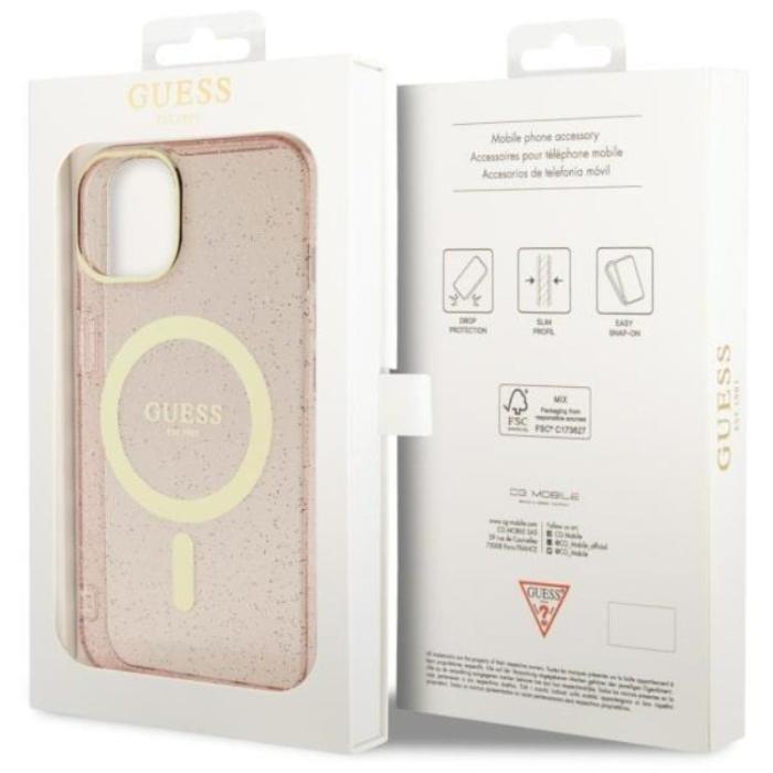 Guess - Guess iPhone 14 Plus Mobilskal MagSafe Glitter Guld - Rosa