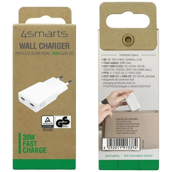 4smarts - 4smarts Snabbladdare 30W 2xUSB-C GaN FlatPlug Slim - Vit