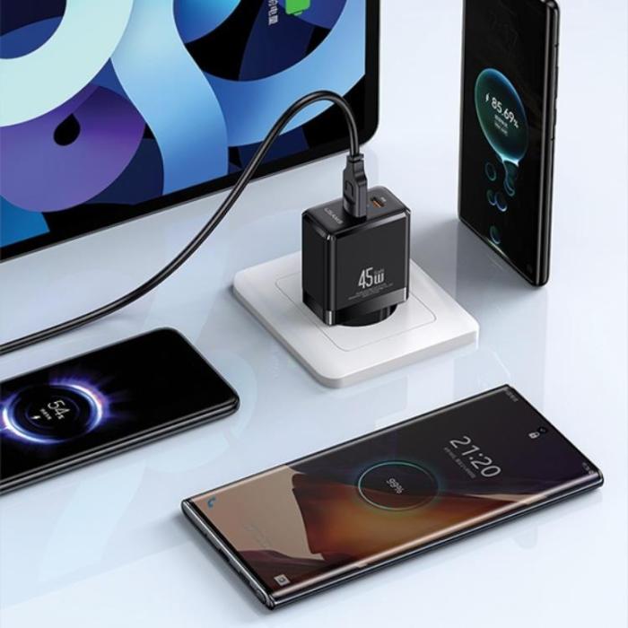 USAMS - USAMS Väggladdare 1xUSB-C+1xUSB 45W GaN PD3.0 + QC3.0 CC178TC02 – Vit