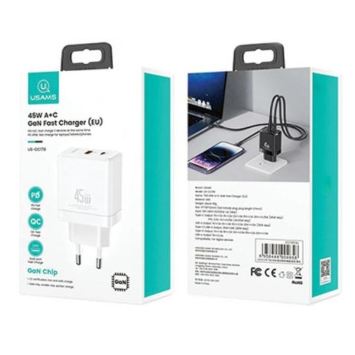 USAMS - USAMS Väggladdare 1xUSB-C+1xUSB 45W GaN PD3.0 + QC3.0 CC178TC02 – Vit