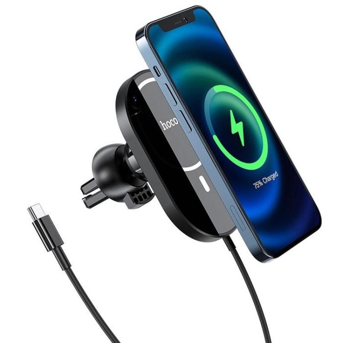 Hoco - Hoco MagSafe Bilhållare Med Trådlös Laddning 15W för Luftventil CA90 - Svart