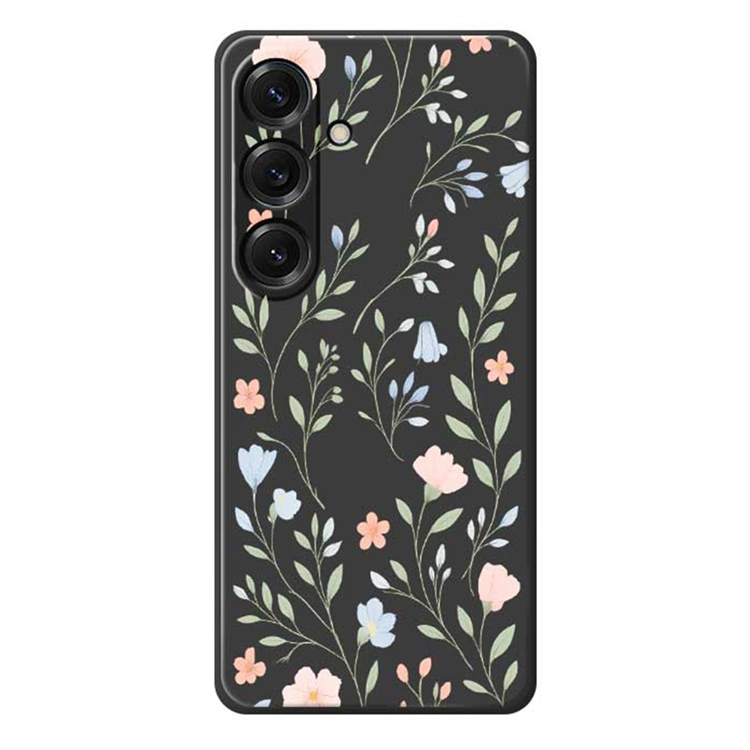Galaxy S25 Mobilskal Pink Blue Flowers Straight Edge - Svart | 2353 | AlltMobil