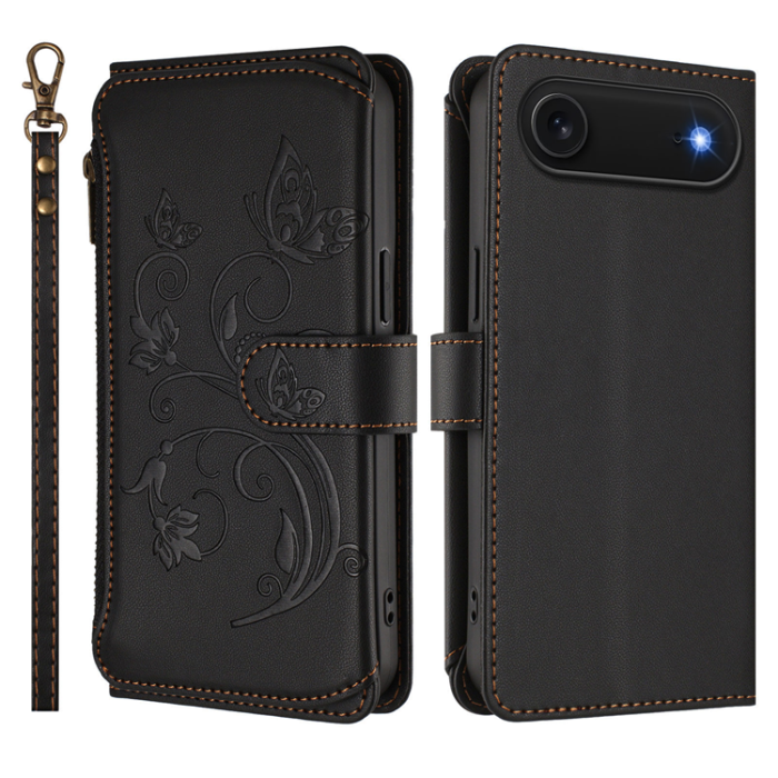A-One Brand - iPhone 17 Air Plånboksfodral Butterfly Floral Imprint - Svart