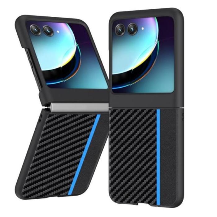 A-One Brand - Motorola Rzar 40 Ultra Mobilskal Carbon Fiber Läder - Blå
