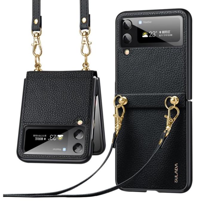 SULADA - SULADA Galaxy Z Flip 4 Skal Läder Treasure Strap - Svart